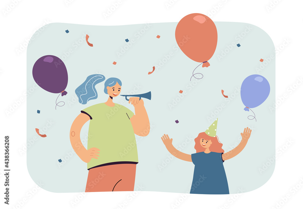 Mother and daughter partying vector illustration. Adult woman blowing into horn, little girl waving hands cheerfully, both smiling. Celebration concept for banner, website design or landing web page Mother and daughter partying vector illustration. Adult woman blowing into horn, little girl waving hands cheerfully, both smiling. Celebration concept for banner, website design or landing web page
