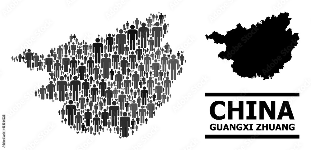 Map of Guangxi Zhuang Region for social applications. Vector nation mosaic. Concept map of Guangxi Zhuang Region constructed of man items. Demographic concept in dark grey color tinges.