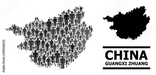 Map of Guangxi Zhuang Region for social applications. Vector nation mosaic. Concept map of Guangxi Zhuang Region constructed of man items. Demographic concept in dark grey color tinges.