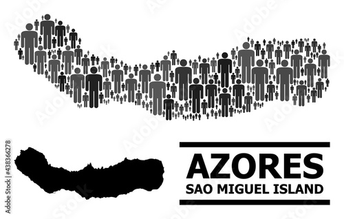 Map of Sao Miguel Island for demographics posters. Vector demographics mosaic. Mosaic map of Sao Miguel Island organized of person items. Demographic scheme in dark gray color tints.