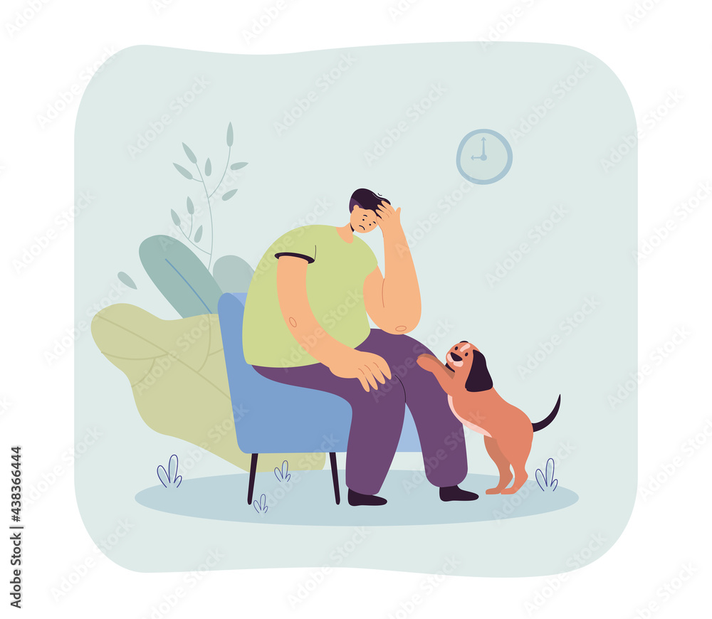 Cute dog comforting sad owner. Upset male character sitting on chair, pet asking for attention flat vector illustration. Pets, support, mental health, psychology concept for banner, website design