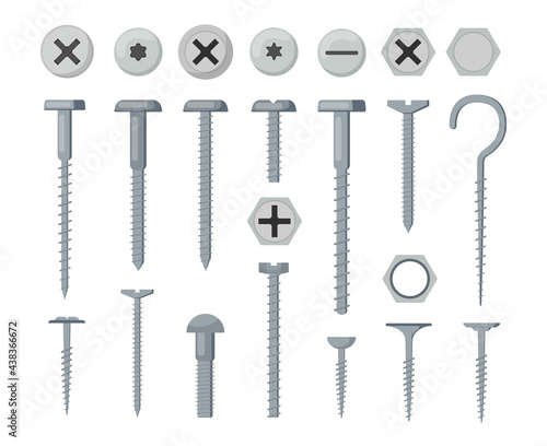 Various silver bolts and screws flat vector illustration set. Cartoon illustration collection of washers, rivets, nuts, tools, nails isolated on white background. Hardware concept.