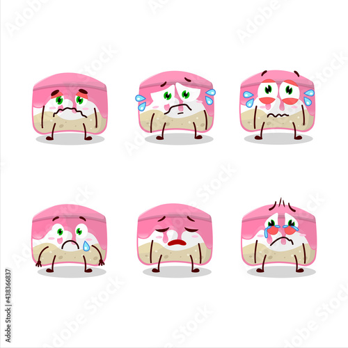 Strawberry cake cartoon character with sad expression