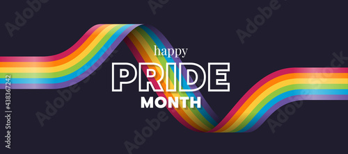 Happy Pride month text and rainbow pride ribbon roll wave on dark background vector design