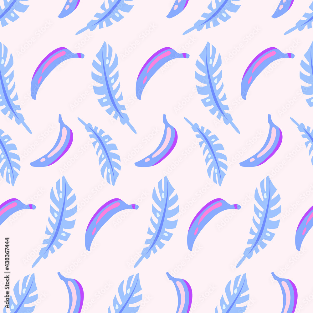 Vector seamless pattern of blue bananas and leaves on a pastel pink background. Tropical pattern. Vector seamless pattern of blue bananas and leaves on a pastel pink background. Tropical pattern.