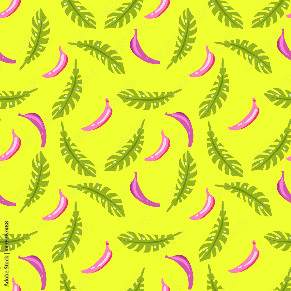 Vector pattern of pink bananas and green leaves on a yellow background. Vector pattern of pink bananas and green leaves on a yellow background.