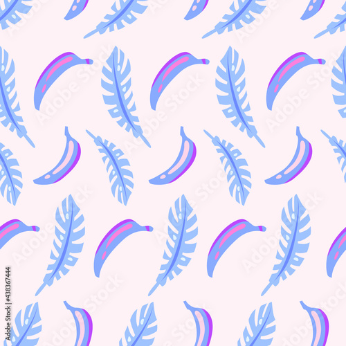 Vector seamless pattern of blue bananas and leaves on a pastel pink background. Tropical pattern.