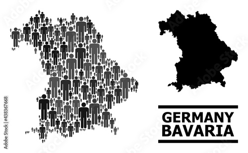 Map of Bavaria State for national doctrines. Vector demographics abstraction. Mosaic map of Bavaria State constructed of human icons. Demographic concept in dark grey color shades.