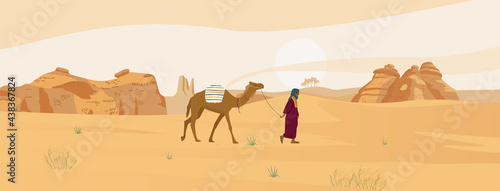 Saudi Arabia Desert Landscape With Beduin With Camel And Sand Rocks. Vector Illustration.