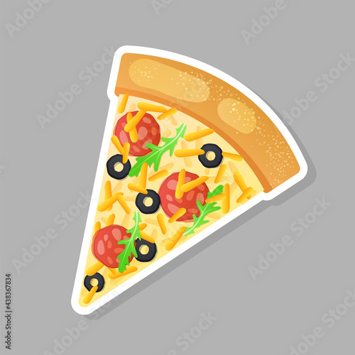 Sticker slice of pizza with cheese, pepperoni, olives, greens, arugula  with white border. Vector illustration for postcard greeting card, banner, advertising, menu, articles.