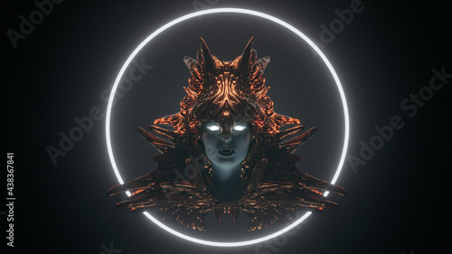 Schilderij op canvas Floating bust of beautiful pale-faced vampire girl with white eyes, wears bronze helmet on dark scene with fog glowing futuristic circle
