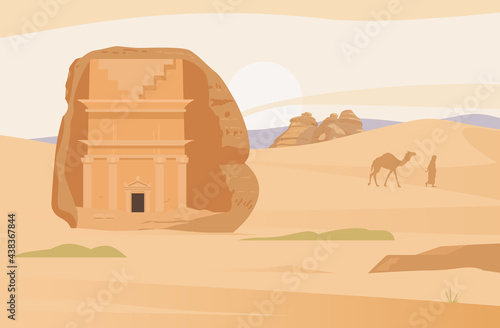 Saudi Arabia Desert Landscape With Ancient Tombs Of Al Ula. Hegra Ancient Village. Sand Rocks. Flat Vector Illustration. photo