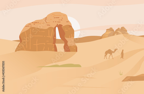 Saudi Arabia Desert Landscape With Elephant Rock. Hegra Ancient Village. Sand Rocks. Flat Vector Illustration. photo