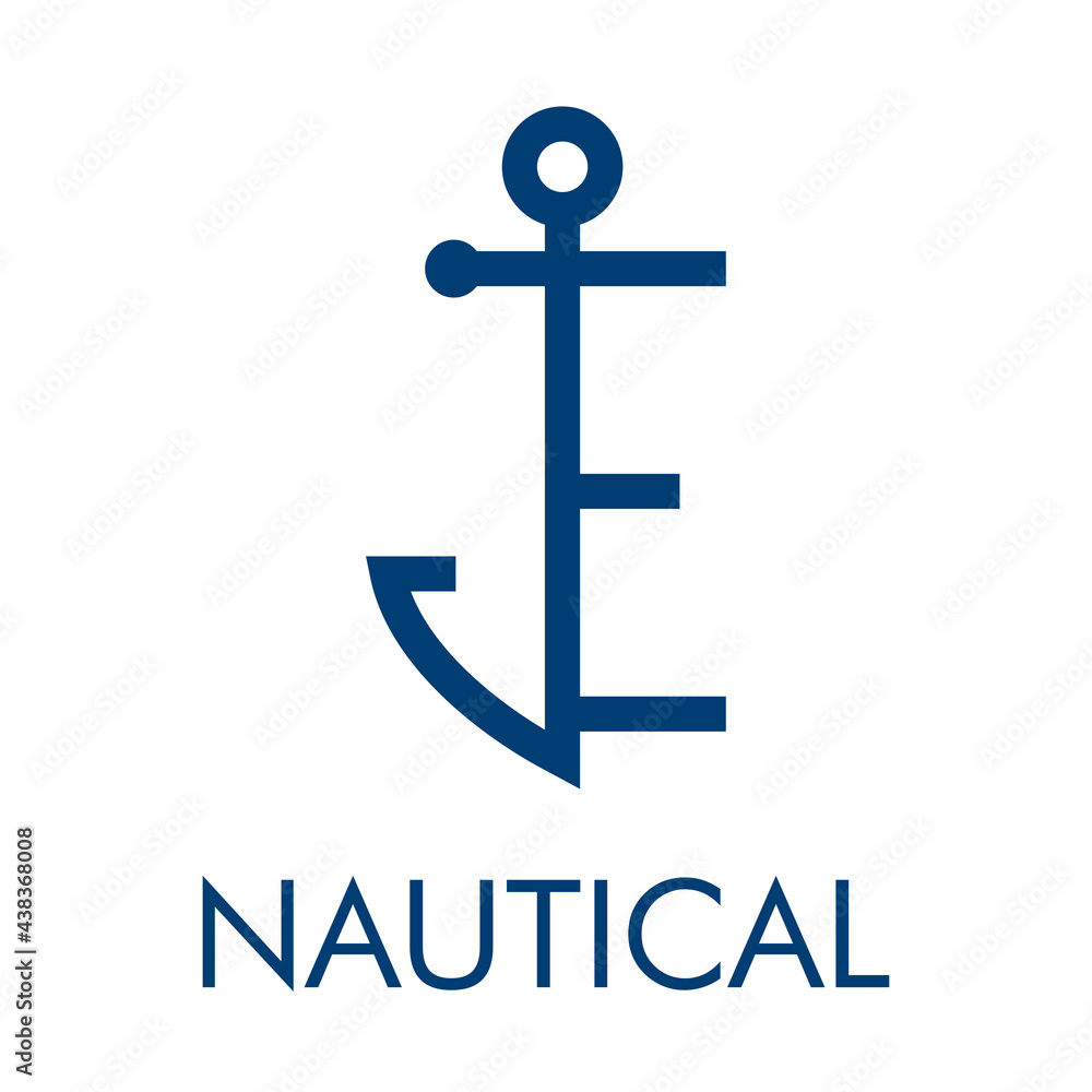 Logotipo con ancla de barco con forma de letra inicial E y texto Nautical en color azul Logotipo con ancla de barco con forma de letra inicial E y texto Nautical en color azul