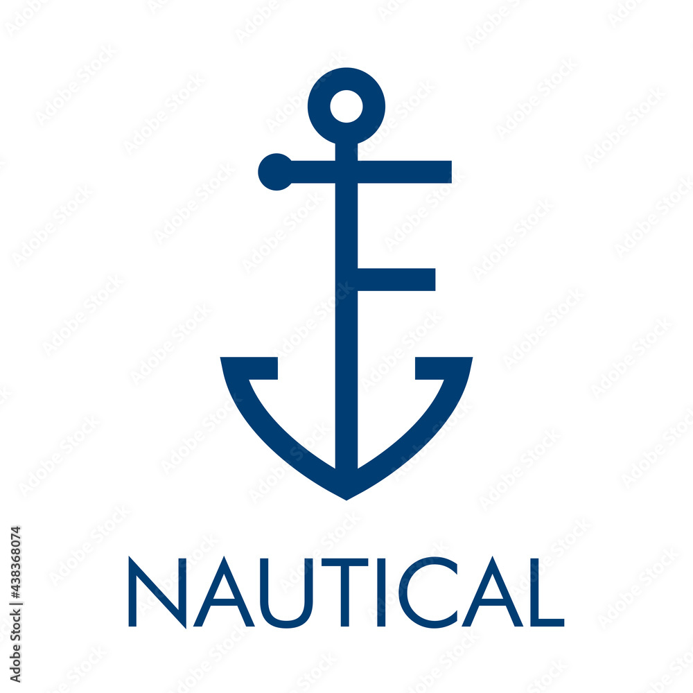 Logotipo con ancla de barco con forma de letra inicial F y texto Nautical en color azul Logotipo con ancla de barco con forma de letra inicial F y texto Nautical en color azul