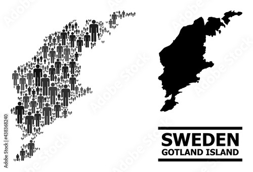 Map of Gotland Island for national projects. Vector nation mosaic. Mosaic map of Gotland Island created of man elements. Demographic scheme in dark grey color tinges.