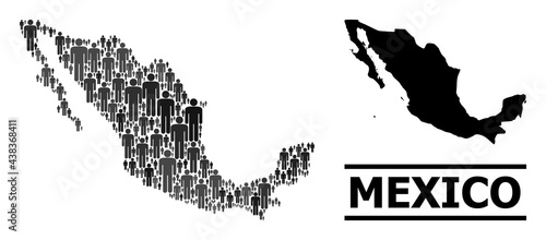 Map of Mexico for national applications. Vector population mosaic. Mosaic map of Mexico done of guy items. Demographic concept in dark gray color tinges.