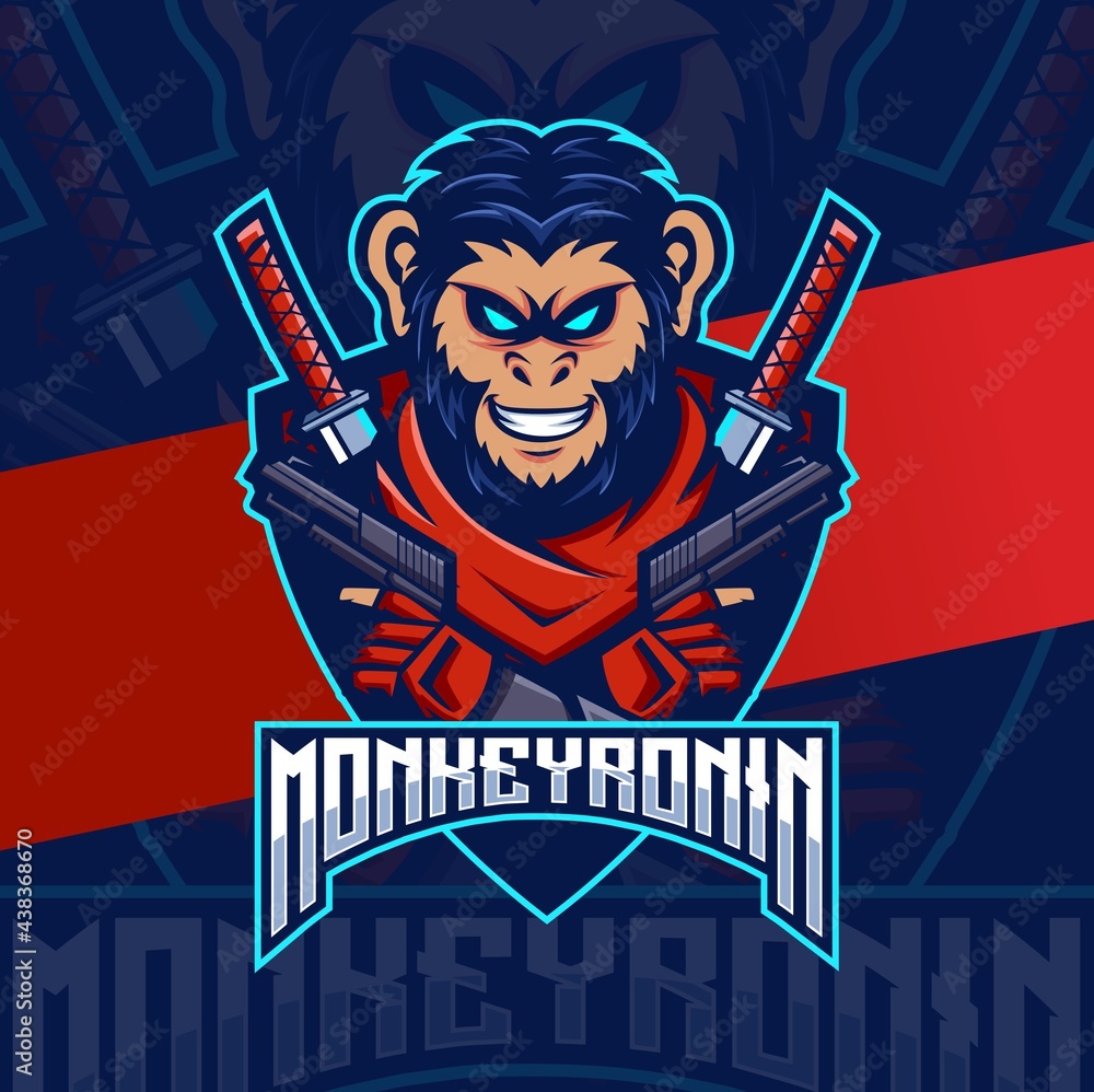 Monkey samurai ronin with gun mascot esport logo design for gaming and ...