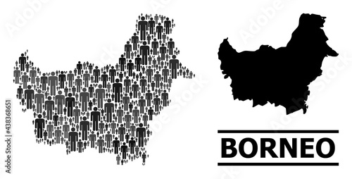 Map of Borneo Island for demographics projects. Vector demographics abstraction. Concept map of Borneo Island organized of human items. Demographic concept in dark grey color tints.