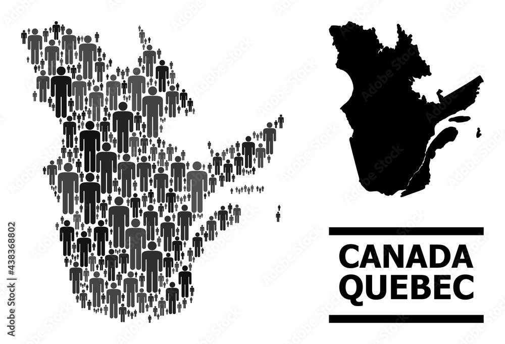 Map of Quebec Province for national posters. Vector population mosaic. Mosaic map of Quebec Province combined of social items. Demographic scheme in dark gray color variations.