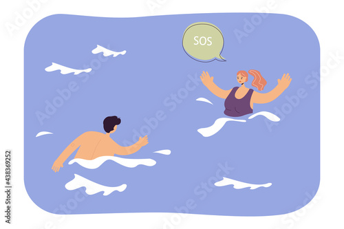 Lifeguard swimming towards drowning woman. Female character calling for help in sea or ocean flat vector illustration. Accident, emergency concept for banner, website design or landing web page