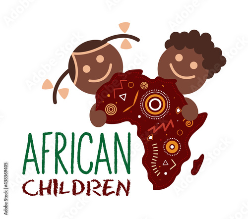 Funny vector concept of African children show map of africa. Sign for International Day of the African Child.