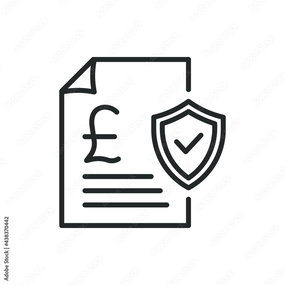 Financial insurance line icon. Pound currency sign on paper with shield isolated. Vector illustration Financial insurance line icon. Pound currency sign on paper with shield isolated. Vector illustration