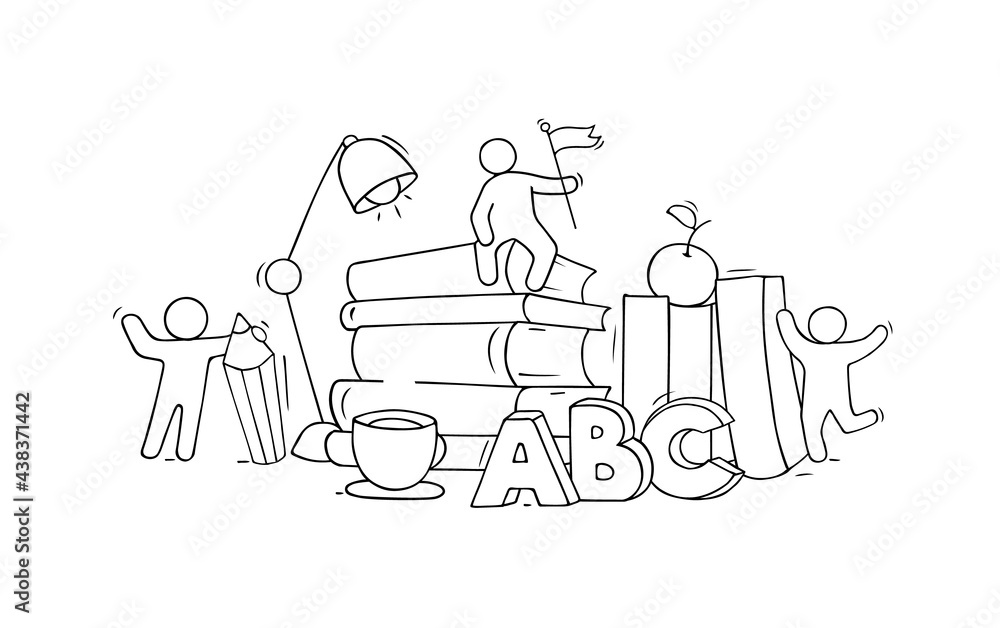 Sketch of many books with studing little people. Sketch of many books with studing little people.