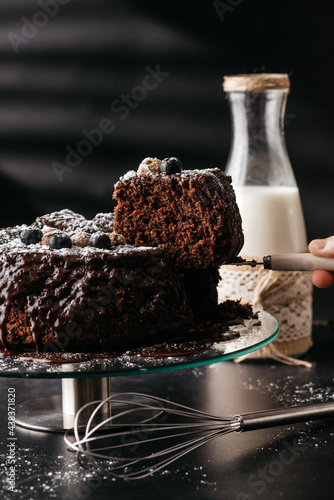 Delicious chocolate cake with cut piece photo