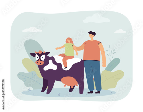 Cartoon man and little girl riding on cow. Flat vector illustration. Happy father putting his daughter on cow. Farm, animal, cattle breeding, family concept for banner design or landing page