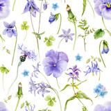 Seamless pattern with beautiful elegant summer colors. Flowers of forget-me-nots, pansies, violets, dandelion, cornflower and others. Watercolour illustration.