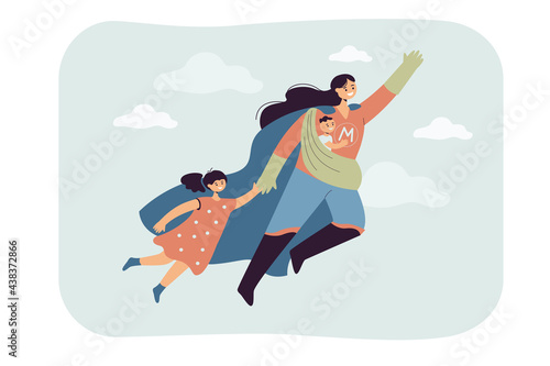 Super Mom flying with kids. Flat vector illustration. Female young superhero carrying happy baby and holding child. Family, motherhood, superhero concept for banner design or landing page