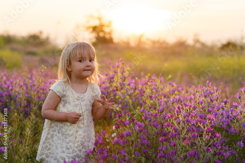 little beautiful girl in nature with flowers photo