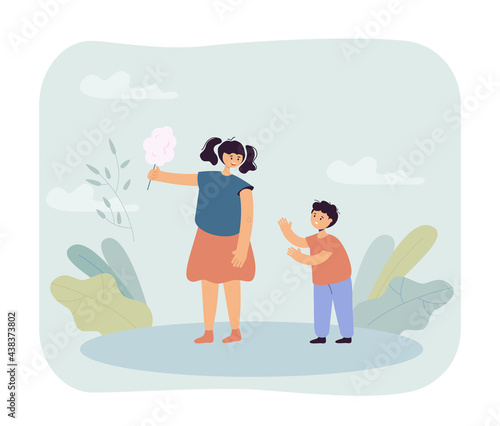 Boy begging girl for candy vector illustration. Little brother pleading elder sister to give him cotton candy. Girl teasing him, not giving. Greediness concept for banner, website design, landing page