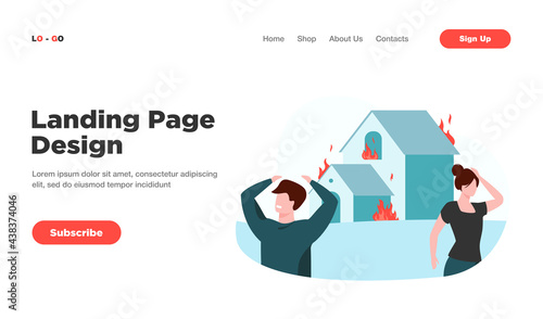 Man and woman standing outside burning house. Fire, danger. Flat vector illustration. Emergency concept can be used for presentations, banner, website design, landing web page