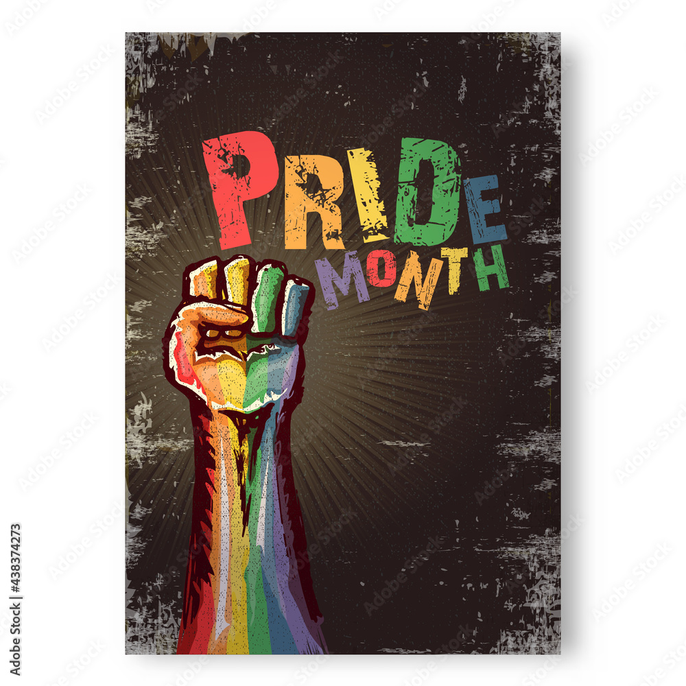 Obraz premium Happy pride month grunge poster with Rised LGBT fist colored in lgbt flag isolated on grey background. LGBT Pride month or pride day vertical poster design template. Fight for your LGBT rights concept