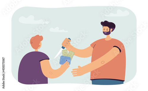 Angry robber with knife taking money from boy. Man threatening with weapon, male character giving wallet flat vector illustration. Robbery, crime concept for banner, website design or landing web page