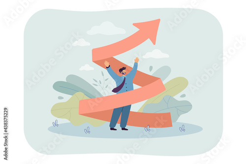 Tiny man with arrow twisted upward. Career increase, inspired business worker flat vector illustration. Education, knowledge, development concept for banner, website design or landing web page