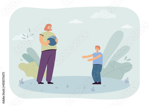 Mother playing ball with her son. Flat vector illustration. Happy woman and little boy spending time outdoors  playing and throwing ball to each other. Family  sport game  activity  hobby concept