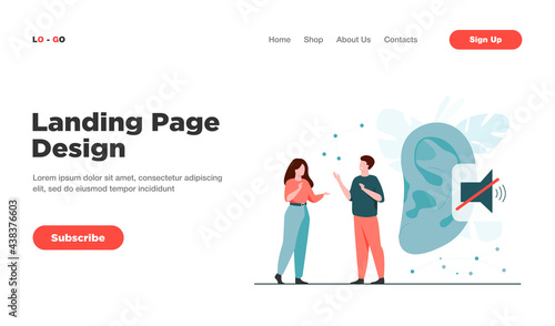 Couple of deaf people talking with hand gestures, huge ear and mute sign in background. Vector illustration for hearing loss, communication, sign language concept