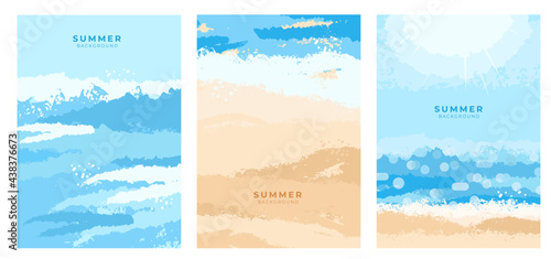 Set of abstract summer backgrounds.Blue ocean texture.Tropical beach.Bokeh light of sky and sea.Summer vacation banner concept.Vector Illustration.Minimal covers design.