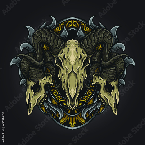 artwork illustration and t shirt design goat skull engraving ornament