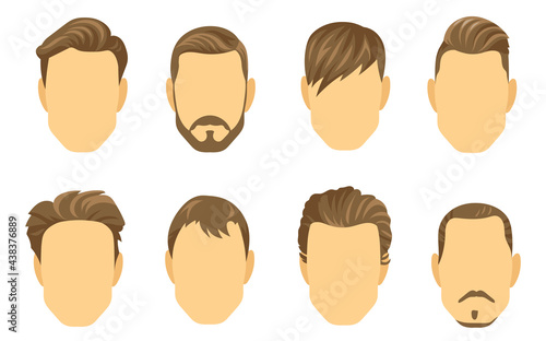 Different hairstyles for men vector illustrations set. Male cartoon faces with various types of short haircuts, facial hair or mustache. Hairdresser, barber, fashion concept