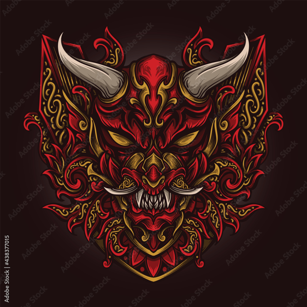 Fototapeta premium artwork illustration and t shirt design oni mask engraving ornament