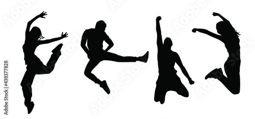 Black and white silhouette happy people jump. Concept design cover flyer poster leaflet banner label sport fitness club. Vector cartoon illustration