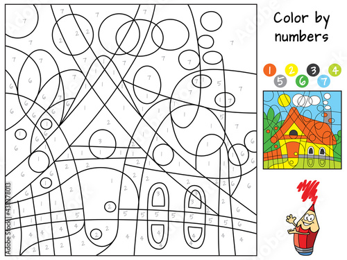 Cottage. Color by numbers. Coloring book