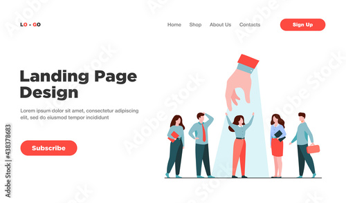 Employer choosing best professional in group of candidates, giving hand to woman under spotlight. Vector illustration for employment, HR, talent, candidate selection concept