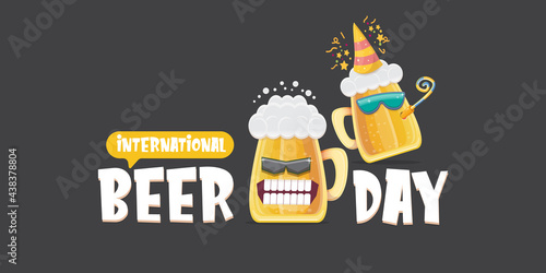 Happy international beer day horizonatal banner with cartoon funny beer glass friends characters with sunglasses isolated on grey background. International beer day cartoon comic poster