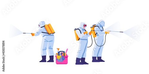 People in virus protective suits and mask disinfecting buildings of coronavirus with the sprayer. Home disinfection by cleaning service. Cartoon flat style illustration isolated on a white background
