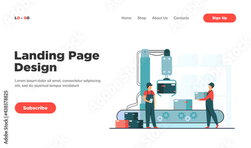 Factory workers and robotic arm removing packages from conveyor line. Engineer using computer and operating process. Vector illustration for business, production, machine technology concepts